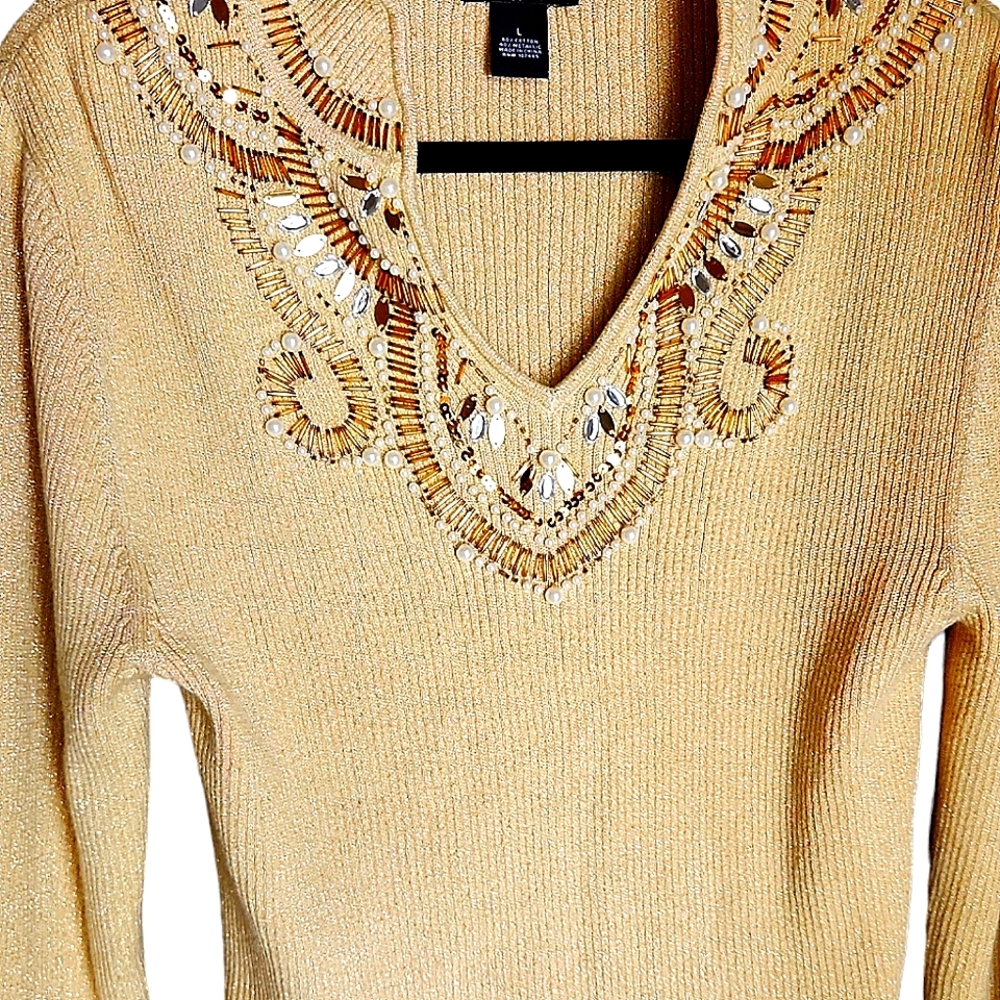 Lauren Michelle, Gold scooped beaded and pearls neckline. Size M - Picture 8 of 11